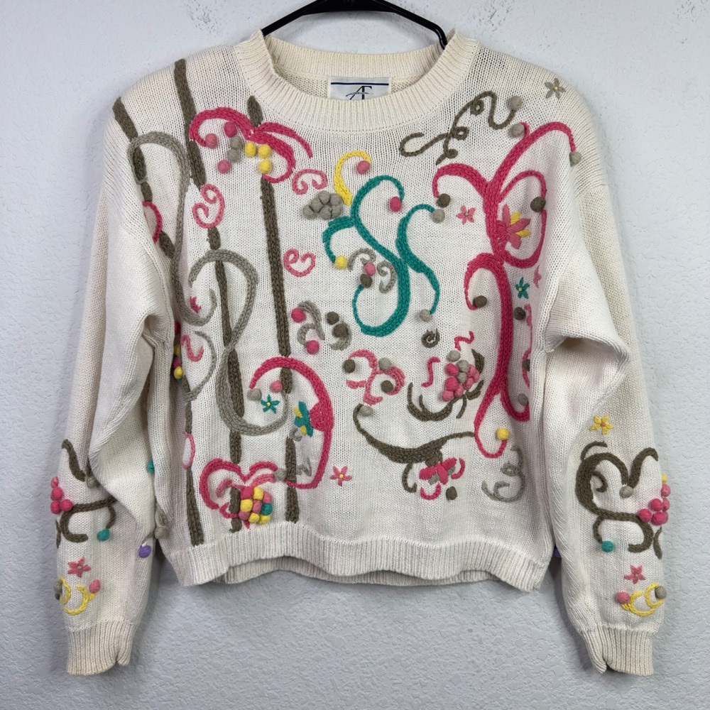 Vintage Accordeon Sweater Womens M Cream 90s Embroidered‎ Pom Pom Cottagecore